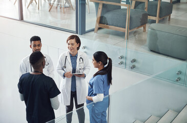Poster - Doctor, nurse and group in hospital with team for medical talk with patient health for surgeon with report. Strategy, working and planning in America with diagnosis for corrective treatment in clinic