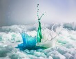 A scene capturing a moment where various colors of paint (blue, green, and white) are splashing against a cold, icy surface