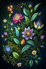 Wall Mural - A botanical-themed embroidery pattern featuring intricate stitches of flowers, leaves, and vines. AI Generative