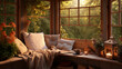 © Fizza  - A cozy corner nook with a window seat adorned with plush cushions and throw pillows, overlooking a picturesque garden. Promotion background.