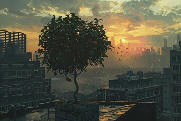 Wall Mural - A portrayal of a money tree in an urban setting, contrasting with the cityscape