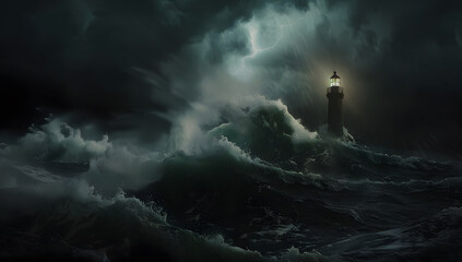 Wall Mural - Waves hitting a lighthouse in Scotland.