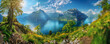 Beautiful panoramic view around mountain Lake in summer day. Rest at nature. Banner