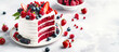 Red Velvet cake with a bright white cream texture, adorned with fresh berries. Holiday desserts. Banner