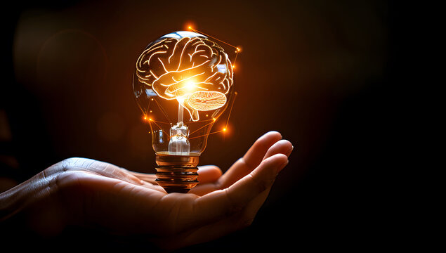 Hand holding electric bulb on right side with empty space for text, on dark green magical background