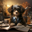 Cute dog in a business suit and eyeglasses sitting at the desk