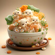 Funny kawaii japanese food in bowl on brown background