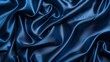 Dark blue silk satin. Soft folds. Fabric. Navy blue luxury background. Space for design.Wavy lines.Banner. Wide.Long. Flat lay, top view table. Beautiful. Elegant. Birthday, Christmas, Ai generated 