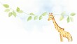  A watercolor painting of a giraffe standing under a leafy vine. The background is a pale blue.