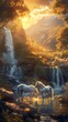 A beautiful painting of two unicorns standing in a waterfall