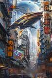 Fototapeta Młodzieżowe - A hyper-detailed painting of a futuristic city street scene with flying cars and people walking around