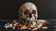 Skull pile of cigarettes and pills on black background

