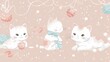 Cute wallpapers with cats, each engaging with playful items like ribbons and cute balls, handdrawn in gentle pastel tones
