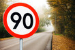 © Paweł Michałowski - Speed limit sign with trees behind. Maximum ninety kilometers per hour. Safety on road background. White round sign red border line. Slow down foggy day. Autumn leaves road.