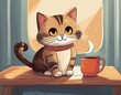 illustration of a cute cat sitting on the table next to a mug of coffee