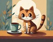 illustration of a cute cat sitting on the table next to a mug of coffee