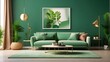 A modern living room with a mockup frame on a green background, Photograph, Realistic, Modern, Contemporary, Green background, Indoor, Detailed, Studio lighting, Soft light, Close-up, EE 70mm lens, Fr