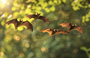 Wall Mural - Three brown bats are flying in the air, with a forest background of green leaves and sunlight shining on them.