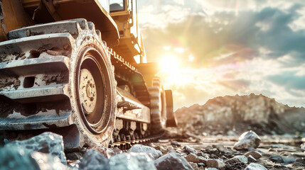 Wall Mural - A powerful dump truck drives down a rugged rocky road, its massive wheels navigating the challenging terrain of a construction site
