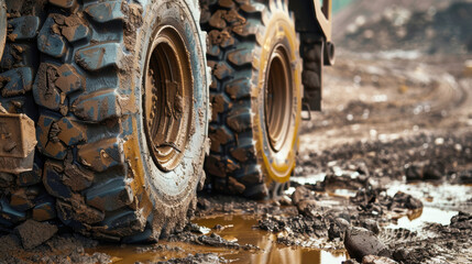 Wall Mural - Close-up of industrial construction machine wheels deep in mud on a construction site