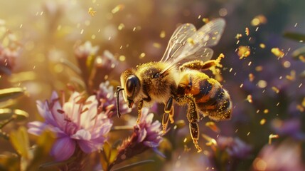 Poster - A bee landing on a wildflower, its fuzzy body coated in golden pollen, illustrating nature's intricate interconnections.