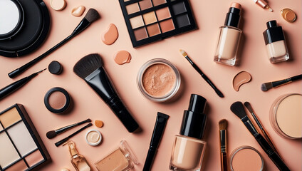 various makeup products are arranged on a peach-tone background. there are eyeshadow palettes, blush