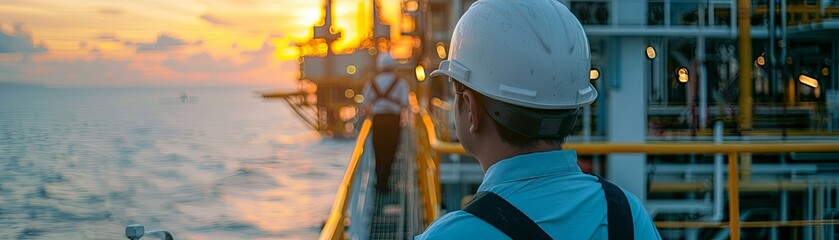 An engineer on an offshore oil rig at sunset.