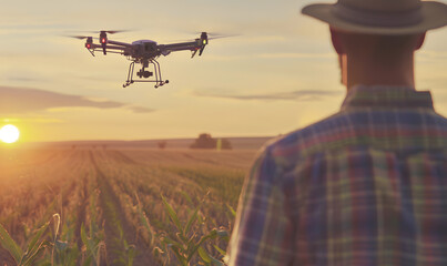 Sticker - Man farmer in hat standing in green wheat field and controlling of drone which flying above margin. Technologies in farming.