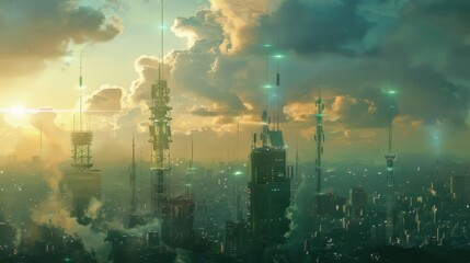 Aufkleber - A city skyline with multiple signal towers blending seamlessly into the urban landscape