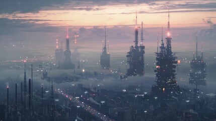 Aufkleber - A city skyline with multiple signal towers blending seamlessly into the urban landscape