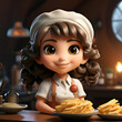 3d render of little girl with french fries in a restaurant kitchen