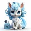 Cute cartoon blue haired unicorn with a bottle of shampoo. 3d rendering
