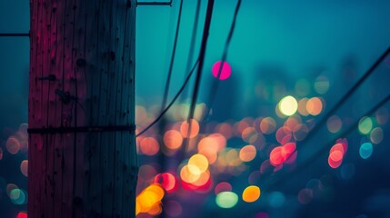 Poster - A close-up of a power pole at dusk with colorful city lights in the background