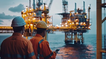 Two oil rig workers on an oil platform in the middle of the ocean.