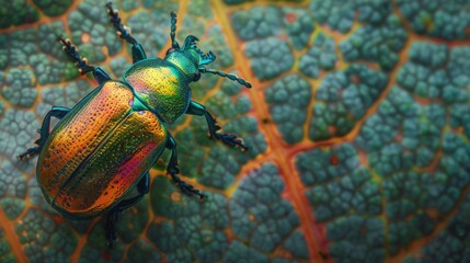 Poster - A colorful beetle exploring the textured surface of a leaf, adding a pop of nature's palette to the scene.