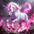 A unicorn with a white body, pink mane and tail, and a glowing pink horn is standing on a pile of rocks. The background is dark and there are pink flames surrounding the unicorn.