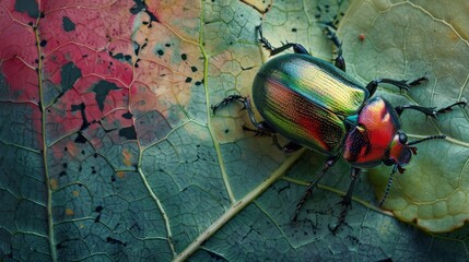 Poster - A colorful beetle exploring the textured surface of a leaf, adding a pop of nature's palette to the scene.