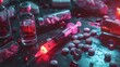 Dramatic lighting on a collection of vaccine vials, syringes, and scattered pills, highlighting the fight against disease