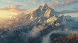 Towering snow-capped mountains rise majestically in the distance, Generative AI