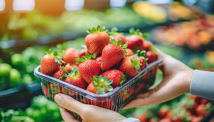 Poster - Hand holding plastic box of ripe strawberries, symbolizing harvest, freshness, and farm-to-table concept