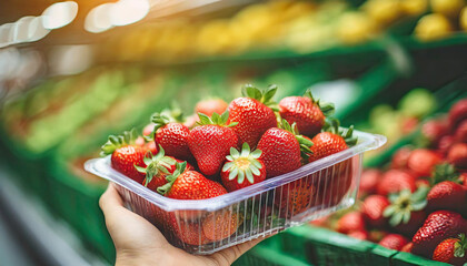 Canvas Print - Hand holding plastic box of ripe strawberries, symbolizing harvest, freshness, and farm-to-table concept