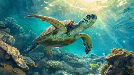 Poster - A curious turtle gliding gracefully through a sunlit reef, symbolizing the enduring connection between land and sea.
