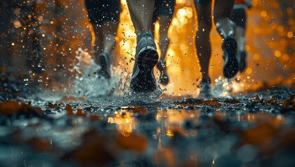 Poster - A group is splashing through liquid in a natural landscape art event