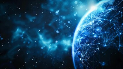 Poster - Abstract glowing light lines on planet Earth in the dark space grid, global network concept