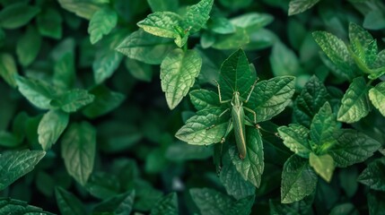 Poster - A grasshopper camouflaged among green foliage, blending seamlessly into its leafy environment.