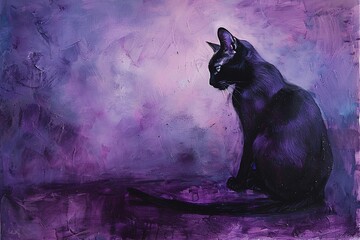 Poster - A sleek black cat, eyes gleaming, seated on a lilac background, creating a captivating contrast in tones