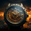 Time concept. Watch with clock face on sunset background. 3D rendering