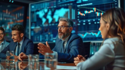 Aufkleber - A group of business professionals discussing stock market strategies in a boardroom setting.