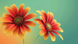 Two striking red-orange Gerbera flowers with delicate petals and golden centers against a soft green gradient background.