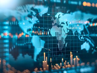 Glowing World Map on Financial Trading Background with Data Visualization